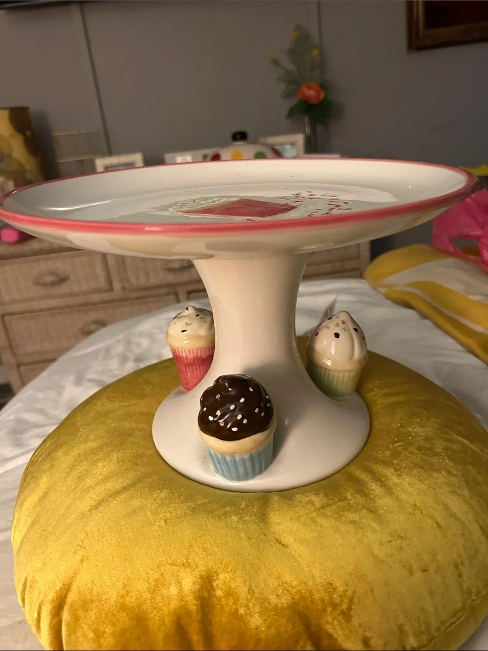 Ceramic Cupcake Pedestal Cake Stand - Pink Accent Never Used